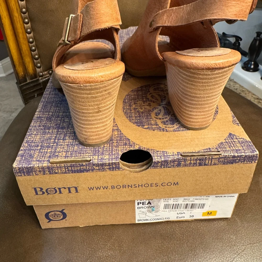 Born Tan Leather Peep-Toe Sandals - Picture 7 of 8
